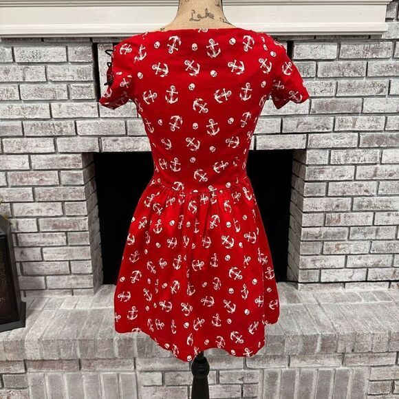 NWT Hot Topic Red Sailor Mini Dress Anchors & Skulls Medium Off Shoulder Lace Up - Picture 9 of 15